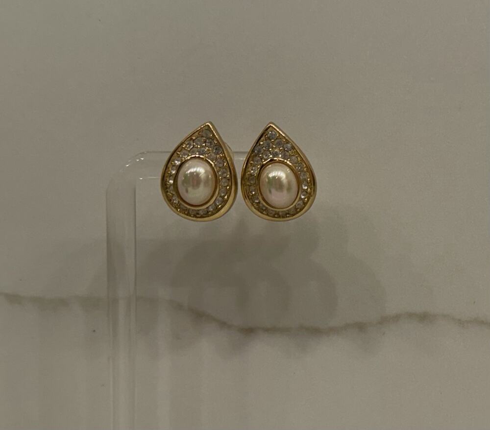 Vintage Gold Tone Teardrop Earrings White Cabochon Rhinestone Halo Pierced